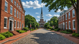 Historic cobblestone street and colonial-style architecture in Norfolk, Virginia with a church steeple in the background.