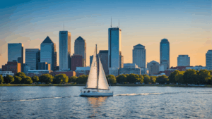 Sailboat on the Elizabeth River with the Norfolk, Virginia skyline at sunset in the background.