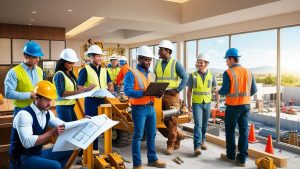 Construction workers and supervisors collaborate with blueprints and machinery inside a commercial build project in Orem, Utah.