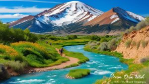 Hikers walk along a lush green trail beside a vibrant blue stream with Mount Timpanogos in the background near Orem, Utah.