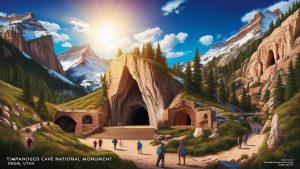 Visitors explore the entrance to Timpanogos Cave National Monument surrounded by forested mountains near Orem, Utah.