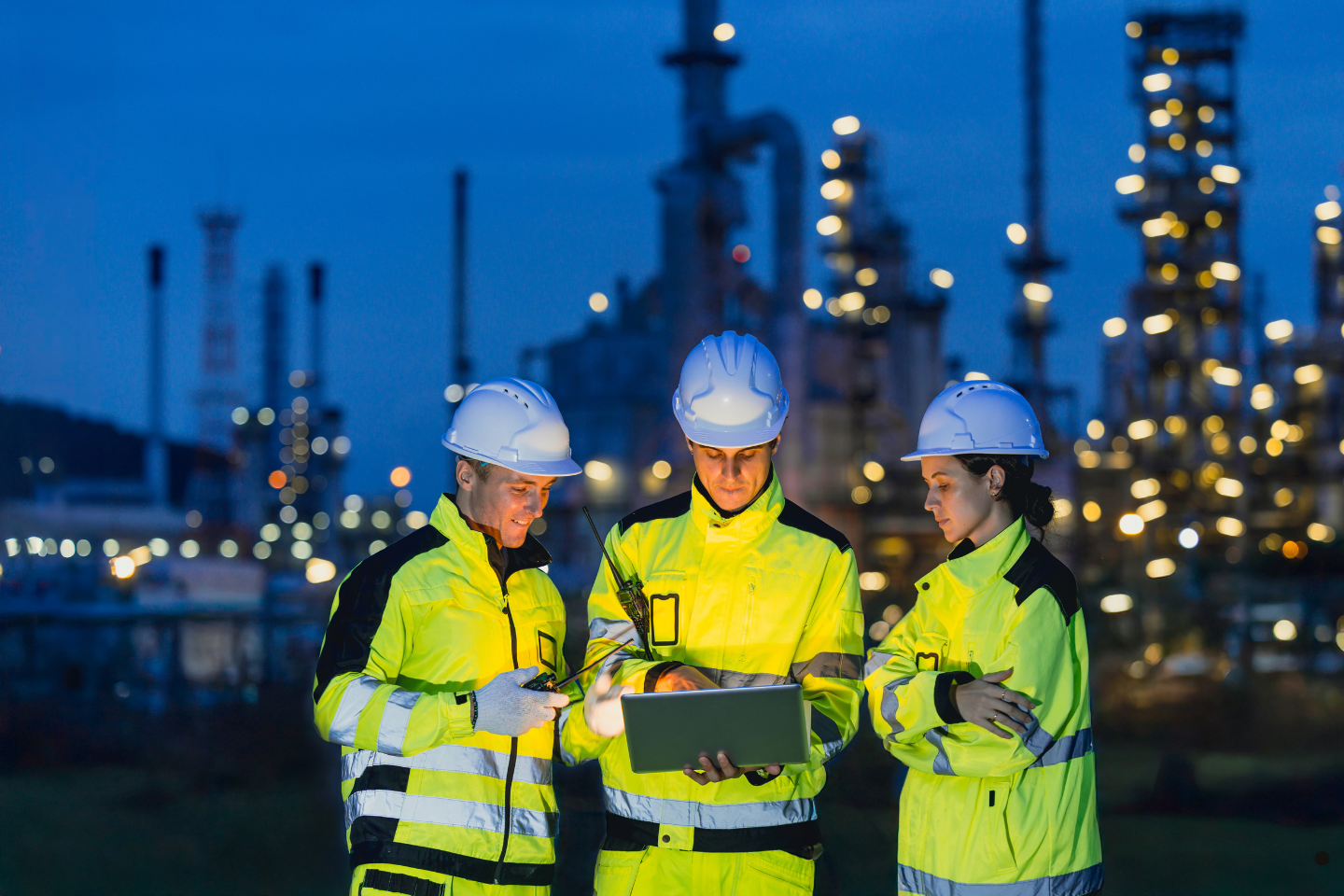 Engineers in high-visibility gear reviewing data on a laptop at an illuminated industrial site.