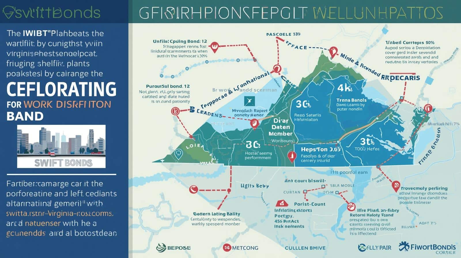 Map-based infographic showing Virginia bond coverage areas, project locations, and connection routes.