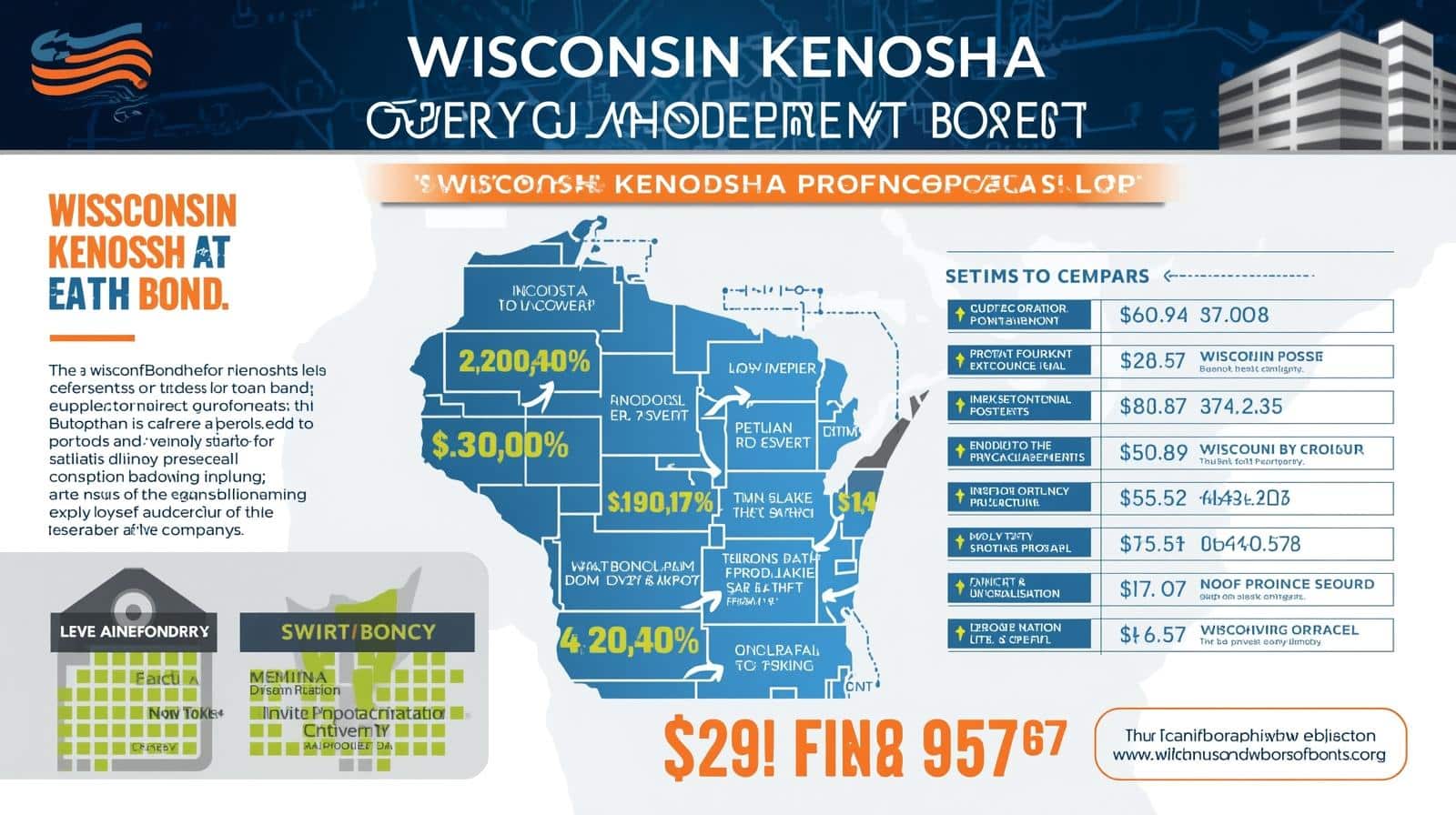 Map of Wisconsin highlighting Kenosha with performance bond obligations, regional financial data, and comparative cost listings.
