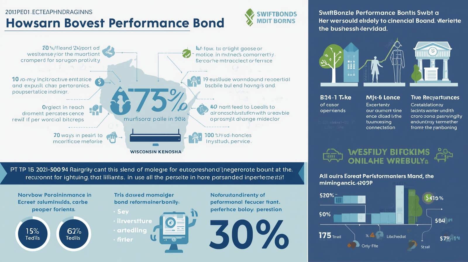 Infographic showing Wisconsin Kenosha performance bond statistics with a 75% highlight, bond requirements, and compliance data.