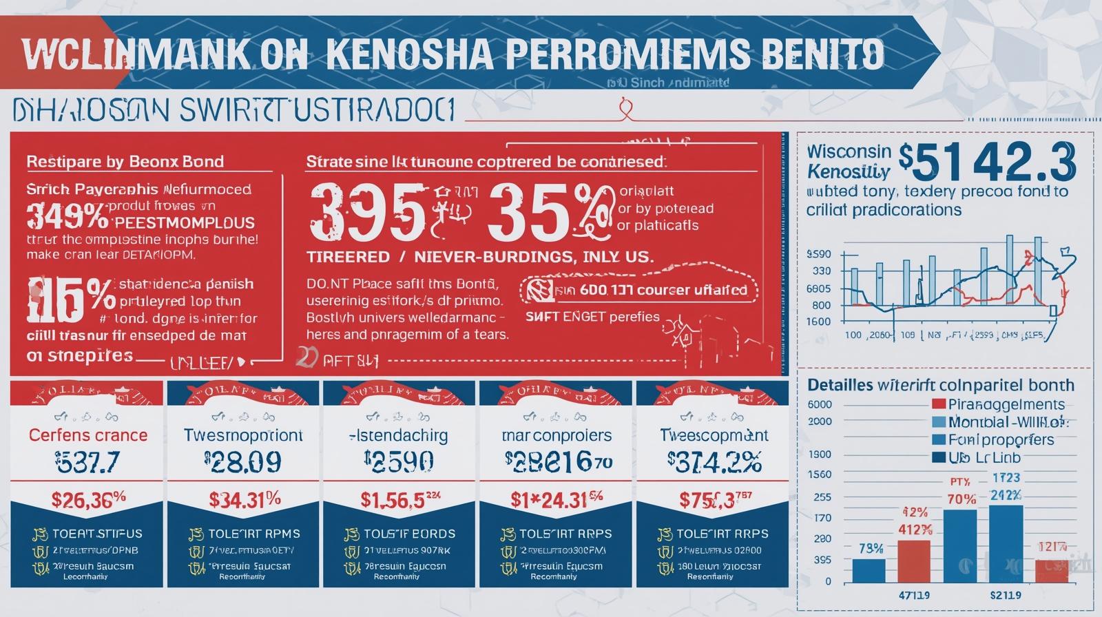 Red-themed infographic detailing Kenosha bond metrics, percentage increases, and key performance figures with comparison charts.