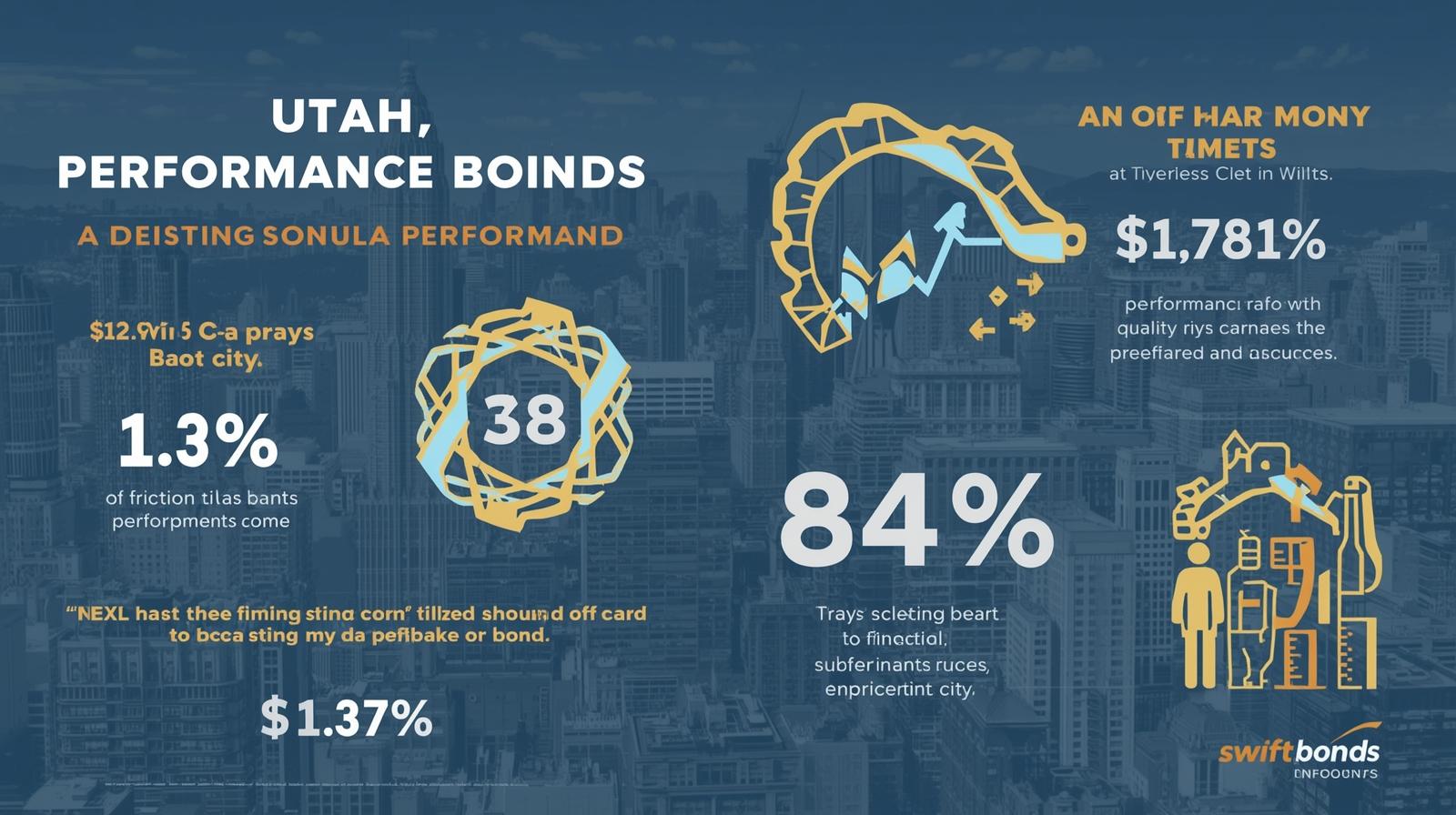 Infographic showing Utah performance bond data with key statistics, percentages, and city skyline background.