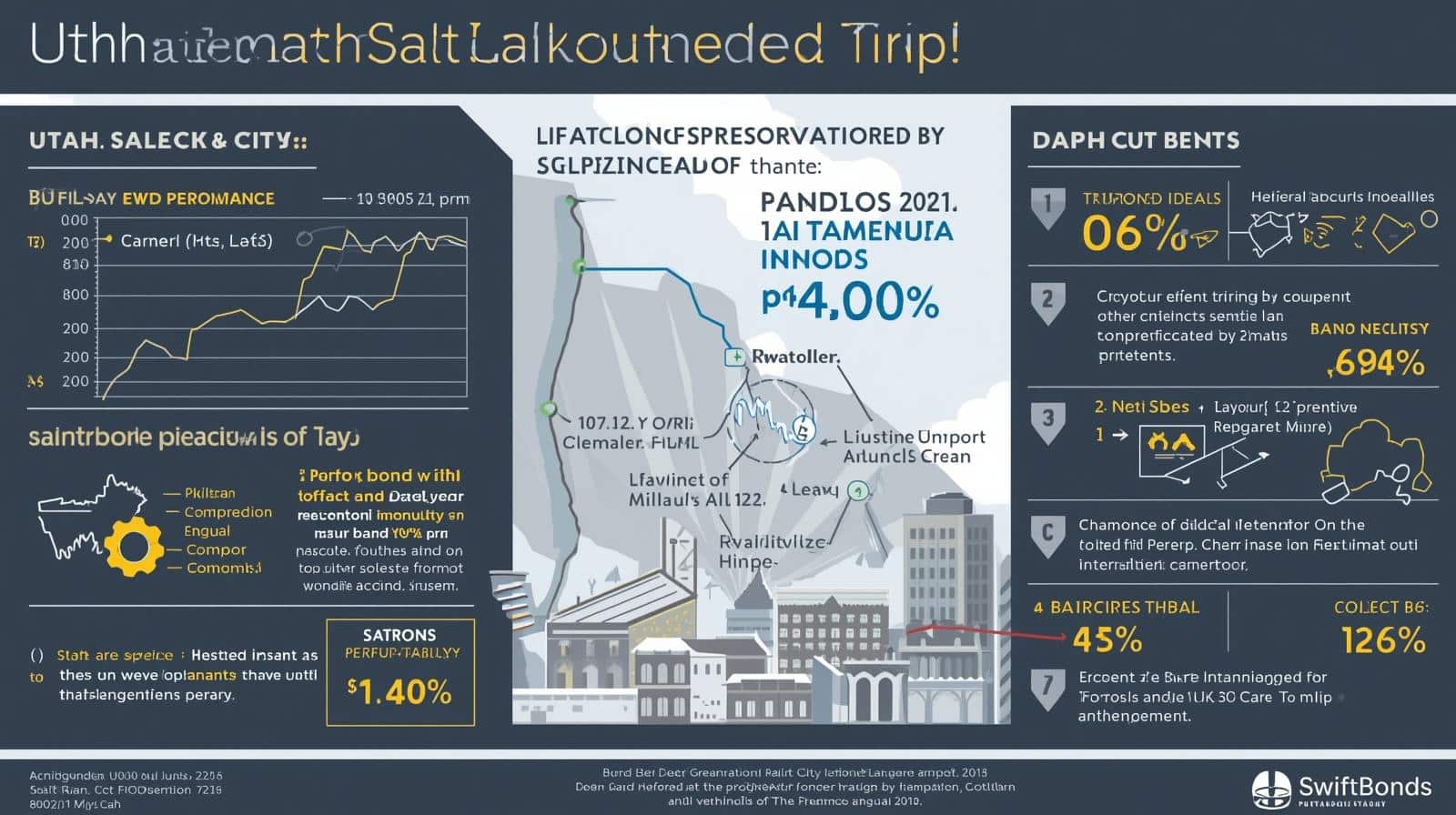Illustrated map and chart showing Salt Lake City bond performance trends and infrastructure data points.