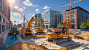 Heavy machinery and contractors at work on a Portsmouth, VA construction project secured by performance bonds