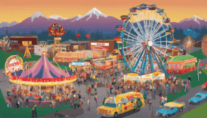 Puyallup Fair at sunset with Ferris wheel, carnival rides, food trucks, and crowds—showcasing one of Washington’s most popular public events.