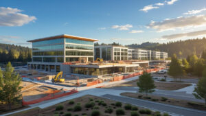 Glass office buildings under construction in Redmond, Washington with cranes, scaffolding, and scenic mountain views in the background.