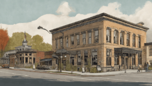Artistic illustration of historic downtown Redmond, Washington featuring restored brick buildings, storefronts, and period-style architecture.