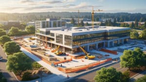 Commercial building under construction in Renton, Washington surrounded by cranes, workers, and greenery during a sunny afternoon.
