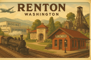 Vintage-style illustration of Renton, Washington highlighting Liberty Park, Renton History Museum, Boeing factory, coal mining structures, and a historic train station.