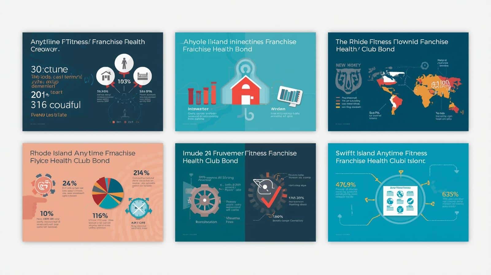 Collection of six mini-infographics illustrating data, charts, and compliance details for the Rhode Island Anytime Fitness Franchise Health Club Bond.