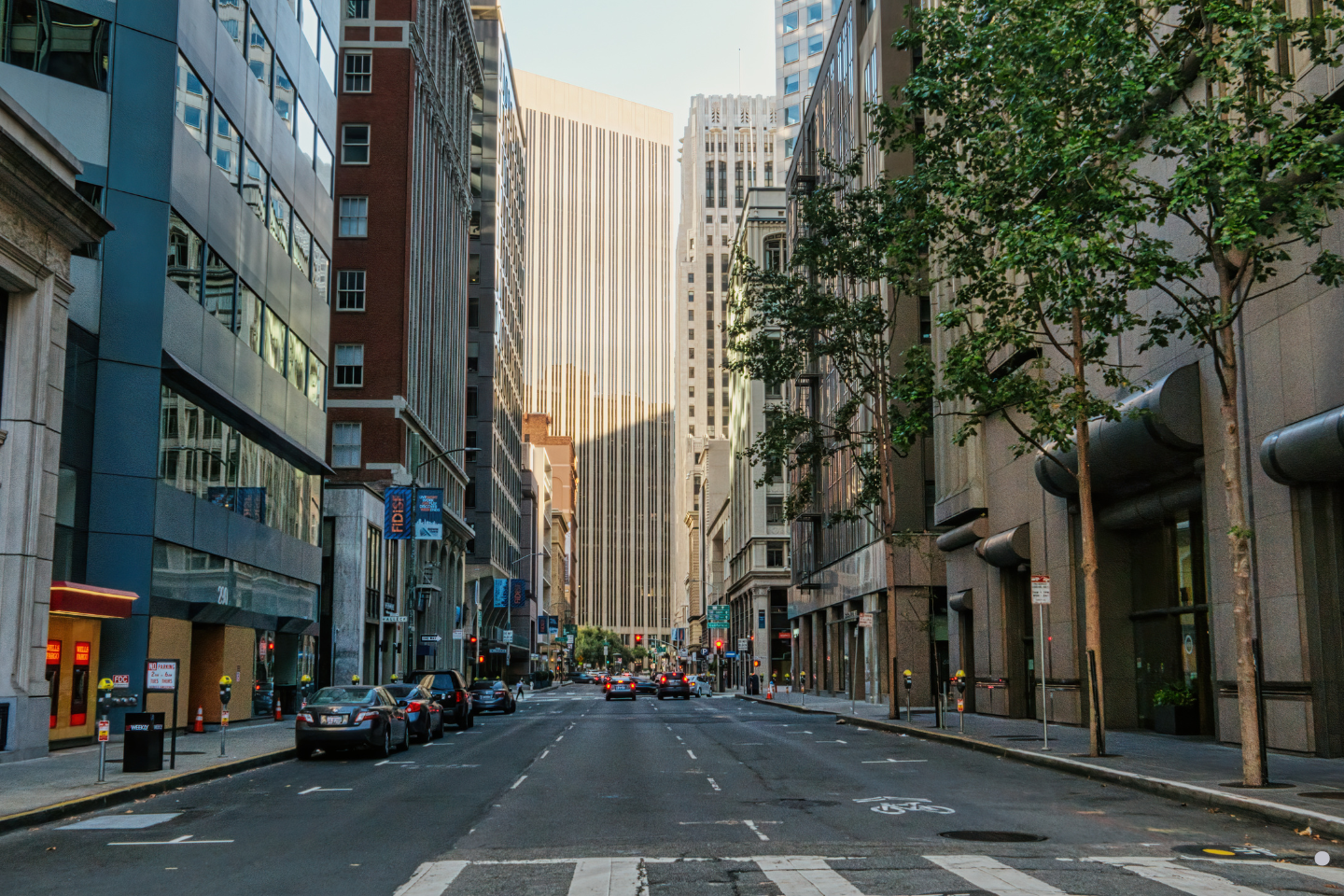 A quiet city street lined with tall office buildings and parked cars in the early morning light.