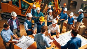 Construction team in Salt Lake City, Utah reviewing blueprints on-site near heavy equipment, symbolizing collaboration and bonding compliance. 