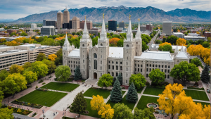 Downtown Salt Lake City, Utah skyline with Temple Square and Wasatch Mountains, representing local infrastructure and public project development. 
