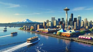 Iconic Seattle waterfront skyline with the Space Needle, Mount Rainier in the background, and ferry boats cruising through Elliott Bay.