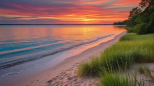 Peaceful shoreline of Sheboygan, Wisconsin at sunset, highlighting the region’s beauty and public works protected by performance bond requirements.