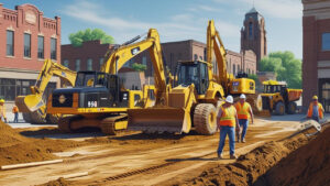 Downtown Sheboygan construction project with excavators and workers illustrating the need for government bonds performance compliance.