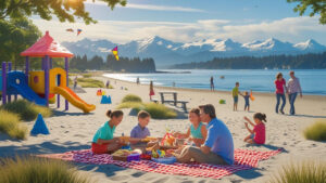 Family enjoying a sunny beach picnic in Shoreline, Washington with kids playing near a colorful playground and mountain views in the background