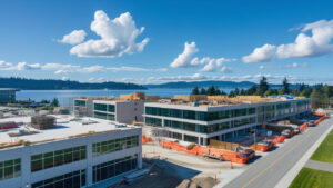 Modern commercial buildings under construction near the waterfront in Shoreline, WA with scenic Puget Sound and forested hills in the distance.