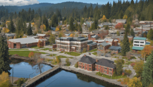 Aerial view of Shoreline Community College campus in Washington surrounded by fall foliage and evergreen trees near a calm body of water.