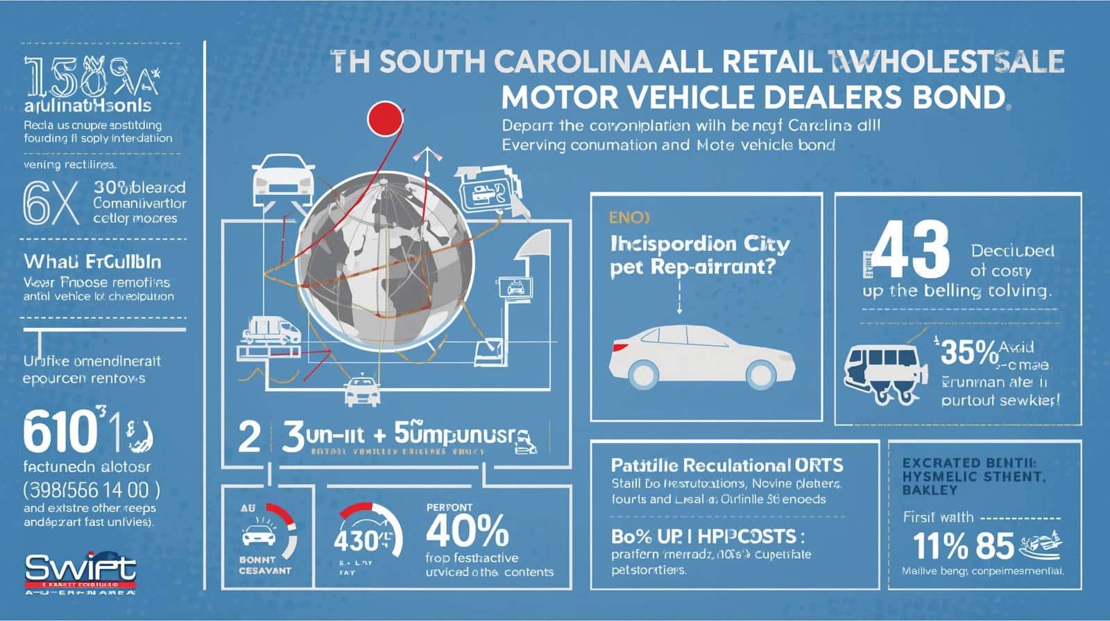 Infographic highlighting global impact, financial requirements, and enforcement details of the South Carolina Motor Vehicle Dealers Bond.