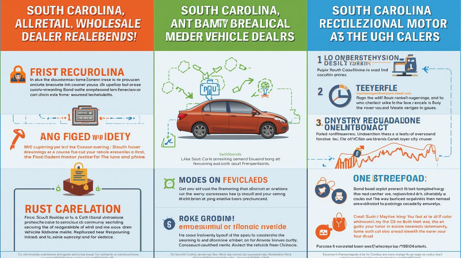 Infographic explaining requirements and compliance steps for the South Carolina All Retail, Wholesale, and Recreational Motor Vehicle Dealers Bond.