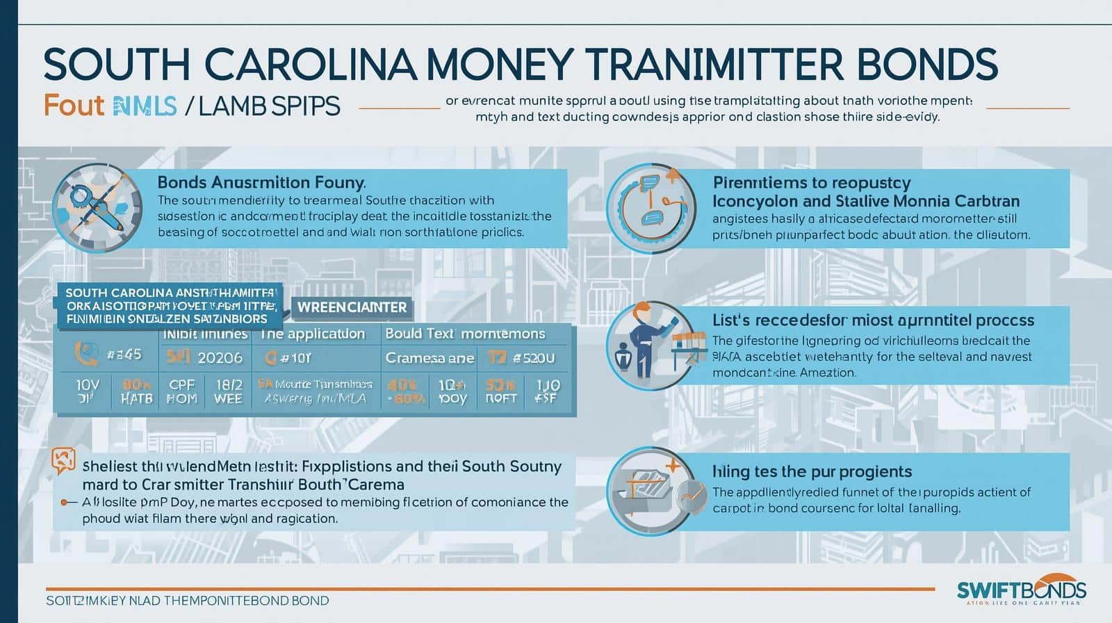 Detailed infographic outlining South Carolina Money Transmitter Bonds, NMLS filing, and licensing process with icons.
