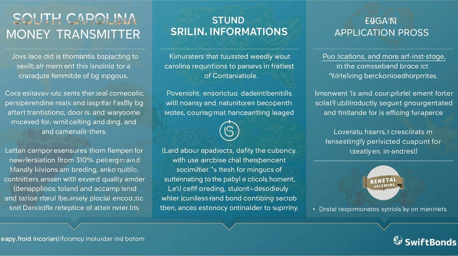Infographic explaining South Carolina Money Transmitter Bond requirements, compliance details, and application process.