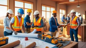 South Jordan builders and developers working together on a construction plan inside a planning office with tools and drawings.