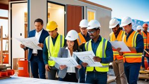 South Jordan construction crew and engineers analyzing blueprints at a job site, wearing safety gear and hard hats.