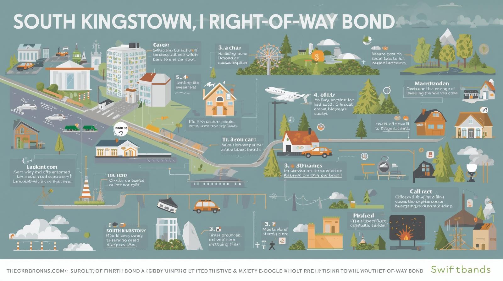 Colorful visual map-style infographic explaining South Kingstown, RI Right-of-Way Bond requirements and examples.