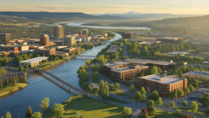 Aerial view of Spokane Valley, Washington at sunrise, showing the Spokane River winding through downtown with commercial buildings, green spaces, and distant mountains in the background.