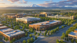 Modern commercial and retail district in Spokane Valley, Washington featuring shopping centers, office buildings, and scenic views of nearby mountain ranges.