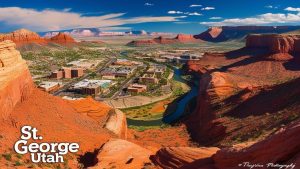Scenic aerial view of downtown St. George, Utah, featuring red rock formations, the Virgin River, and a rapidly growing construction landscape.

