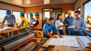 Construction professionals reviewing blueprints inside a mobile job office in St. George, Utah — representing local contractor planning and bonding preparation.

