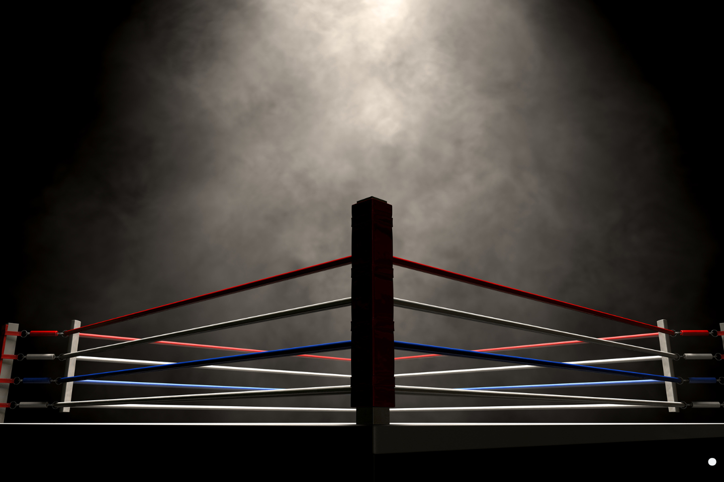 Empty boxing ring illuminated by a spotlight with ropes in red, white, and blue.