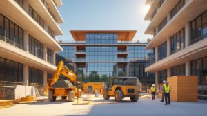 Modern office complex under construction in Suffolk, Virginia with glass facade and equipment, emphasizing real estate growth and infrastructure expansion.