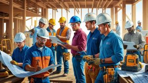 Team of contractors and builders in Texarkana, Texas reviewing structural plans inside a framed commercial building under construction