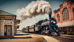 Classic black steam locomotive arriving at the restored Union Station in Texarkana, Texas with vintage architecture in view