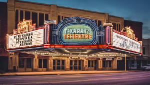 Historic Texarkana Theatre with illuminated marquee lights at night in downtown Texarkana, Texas