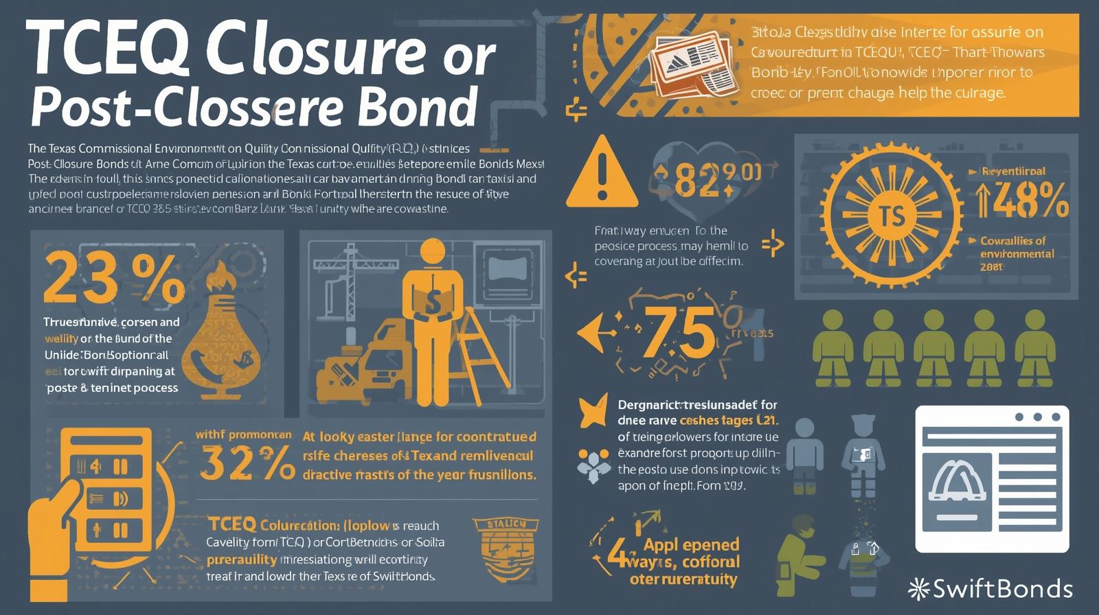 TCEQ Closure or Post-Closure Bond infographic showing environmental compliance data, risk management, and bond process steps.