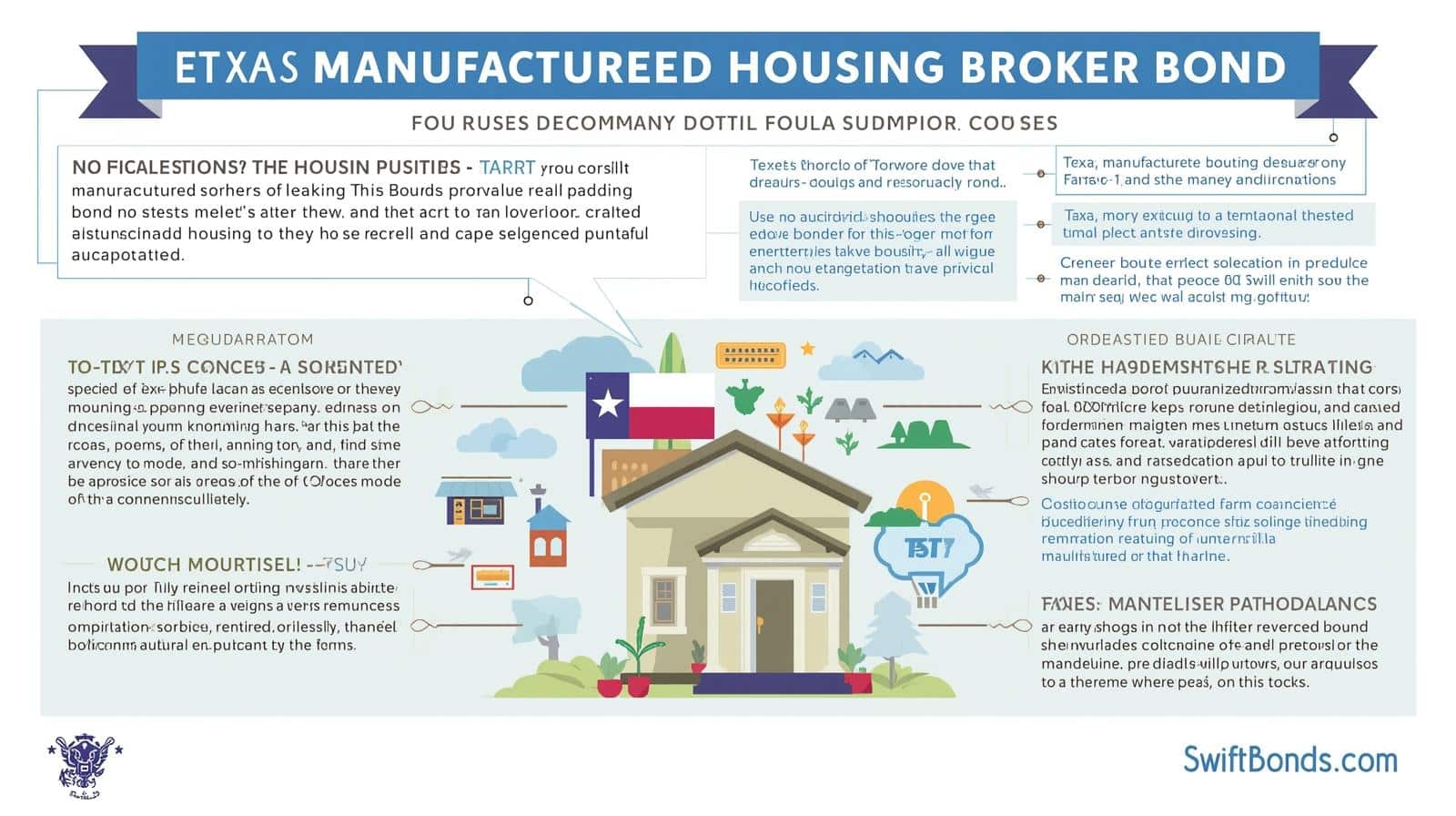 Illustrated breakdown of Texas Manufactured Housing Broker Bond obligations with state flag and residential imagery.