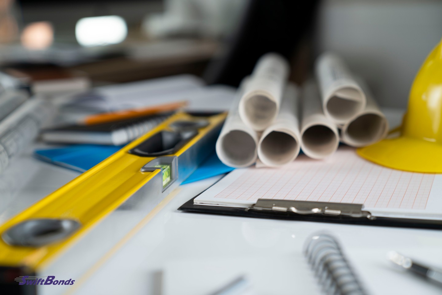 Plans, libella, and a yellow hardhat are on the white table. Tools and materials for contractors.