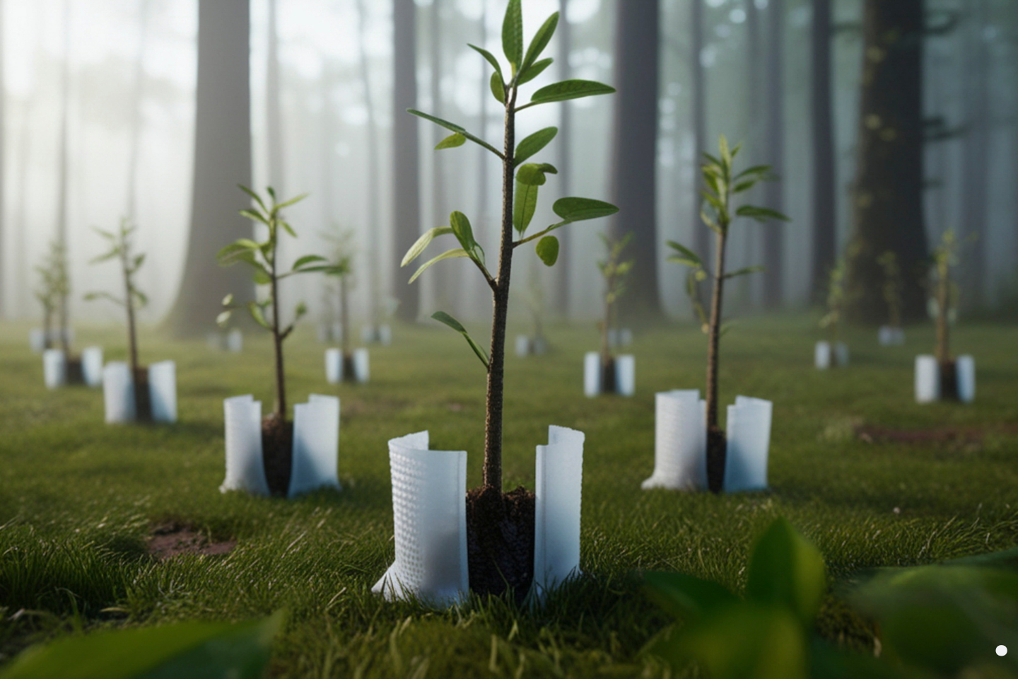 Young tree seedlings protected by plastic guards in a foggy forest restoration area.