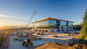 Modern office building under construction in Vancouver WA with large crane and workers on active jobsite during sunset