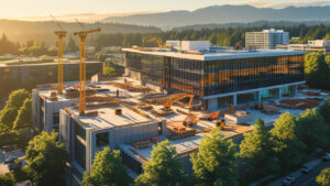 Commercial construction site in Vancouver Washington with cranes, glass office buildings, and surrounding trees at golden hour